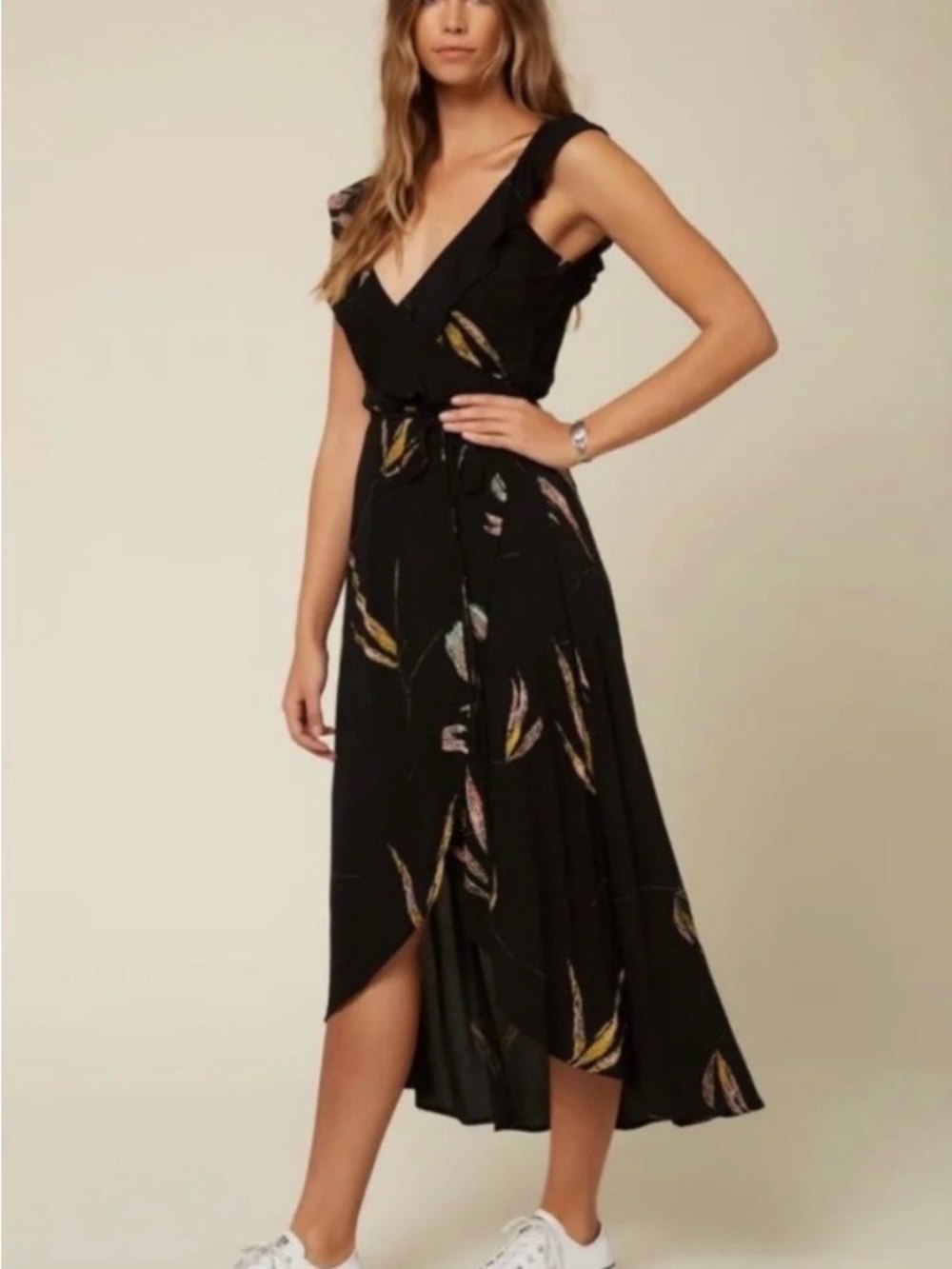 O’Neill Black Floral Wrap Midi Dress